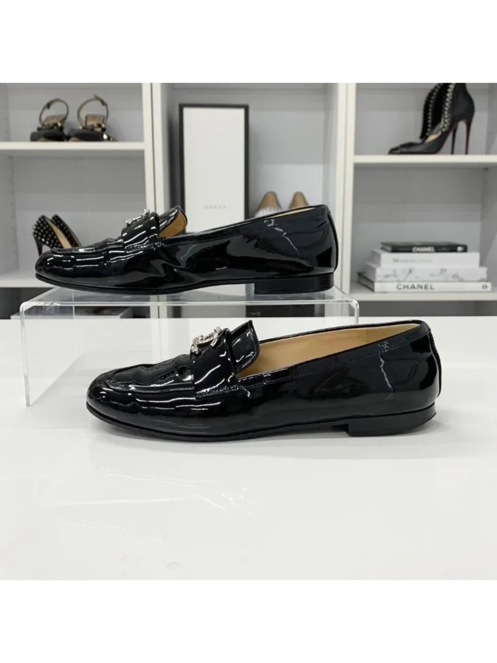 Chanel CC Logo Patent Rhinestone Pearl Loafers Black